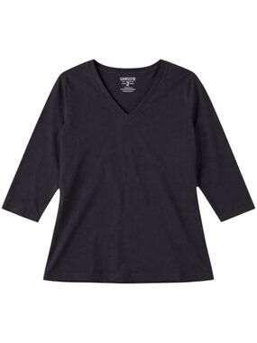 Chico’s Black V Neck 3/4 Sleeve Top Size 2 L Minimal Basic